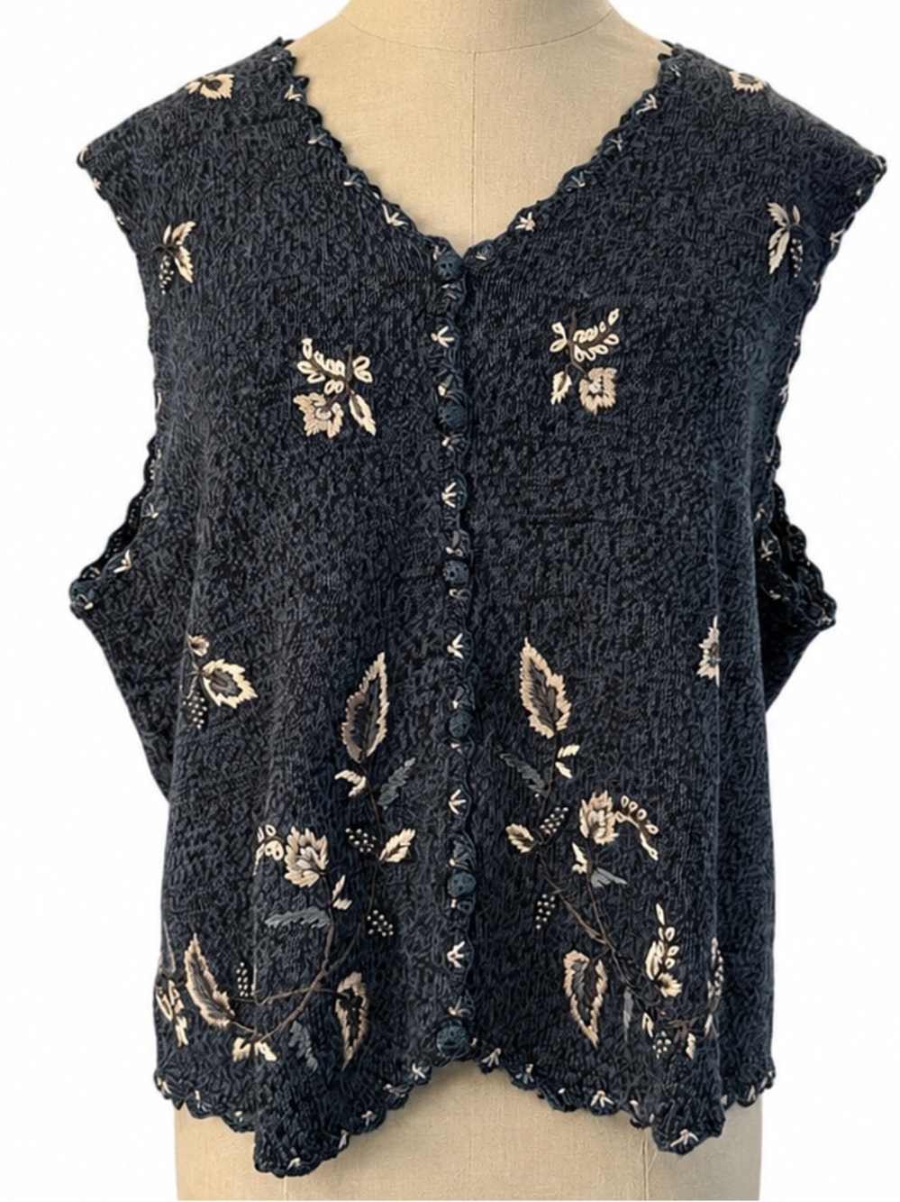 Vintage 90s Embroidered Beaded Sweater Vest Blue Ramie Cotton Cottagecore Large